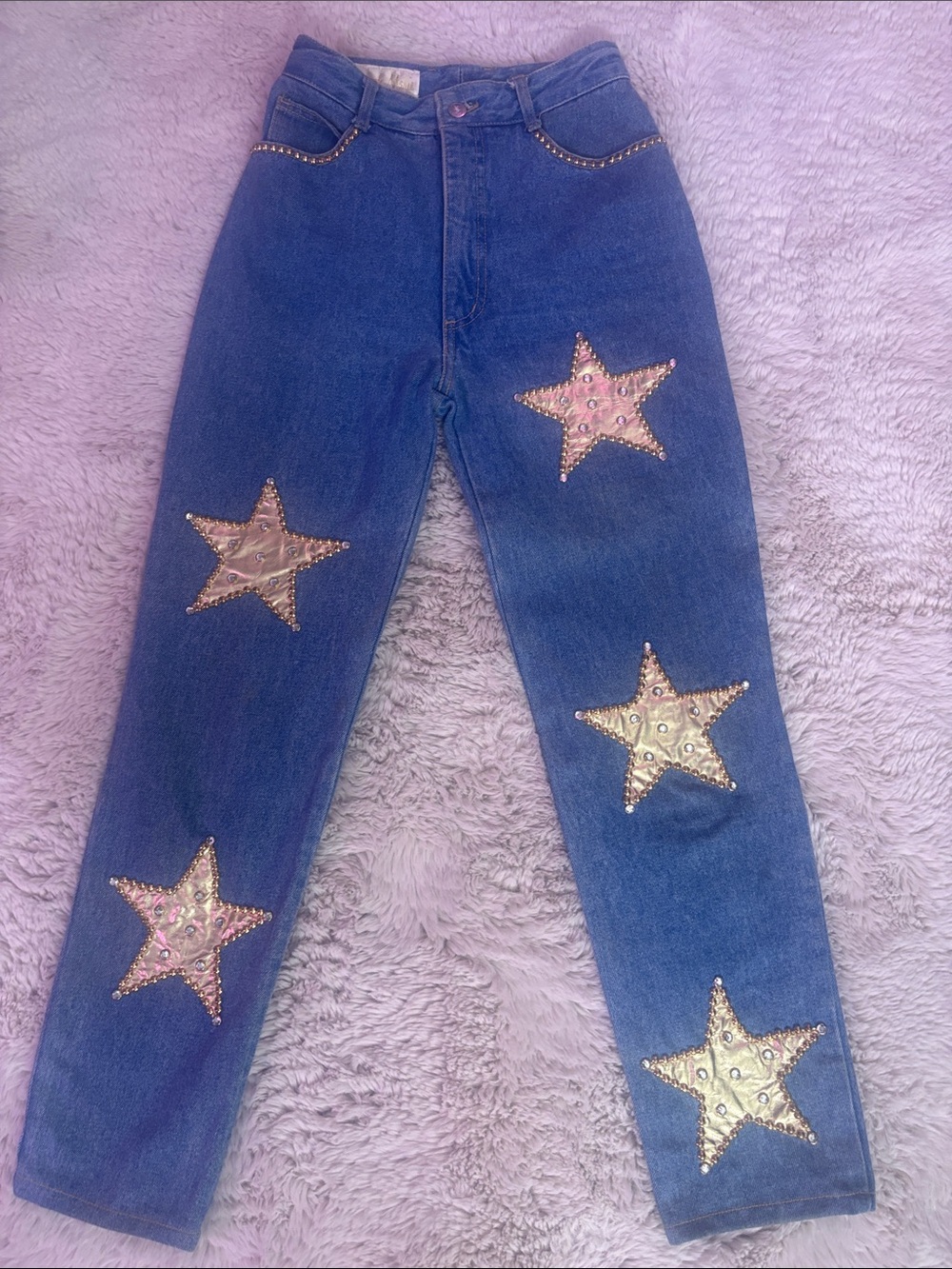 High-Rise Blue Denim Jeans with Iridescent Star Embellishments⭐️✨